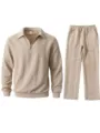 Vue detail ensemble sweat col polo zippe et pantalon decontracte pour homme en beige. - S / Haut et Bas / Blanc Cassé