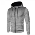 Men gray zip-up hoodie with gradient dot shoulder pattern and black drawstring details. - Light Gray