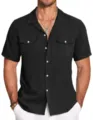 Men short sleeve linen shirt casual solid color button down summer top with pockets grey - S / Black