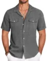 Men's short sleeve linen button down shirt summer casual beach solid color work shirt top - S / Dark Gray