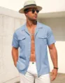 Men's casual solid color short sleeve linen shirt with dual pockets for summer outdoor wear. - S / Light Blue
