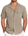 Men's casual linen short sleeve shirt with double chest pockets solid khaki summer top. - S / Khaki, Brown