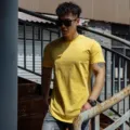 Men casual muscle fit short sleeve t-shirt fitness training streetwear apparel detail view. - M / Yellow