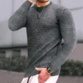 Men's grey waffle knit long sleeve crewneck sweater casual pullover top for daily wear. - Dark Gray