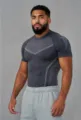 Men's short sleeve compression gym shirt athletic fitness training top detail view. - Dark Gray with White Print Plain