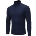 Men slim fit mock turtleneck long sleeve knit pullover sweater closeup view fabric texture - S / Tops / Navy Blue