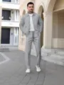 Men's casual waffle zip jacket and trousers tracksuit set main view display fashion apparel. - S / Set / Light Gray
