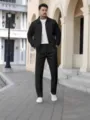 Men's casual waffle tracksuit set with zip-up lapel jacket and matching trousers for autumn. - S / Set / Black