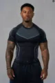 Men's short sleeve compression gym t-shirt, black athletic fitness workout training top - Black with Blue Print Plain