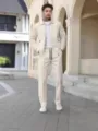 Men waffle knit casual tracksuit zip jacket and trousers set for autumn fashion wear - S / Set / Light Khaki