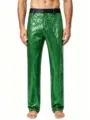Men's bright green sequin trousers, stylish slim fit pants for stage dance performance. - Green