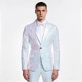 Men's glittering sequin suit jacket and pants set for stage performance, party and hosting events. - S / White