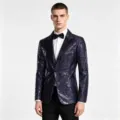 Men sequin tuxedo jacket blue velvet glitter blazer stage performance party prom suit top - S / Navy Blue