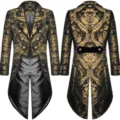 Men's gothic steampunk tailcoat jacket in black and gold brocade for stylish events. - S / Gold