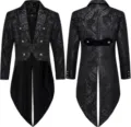 Men vintage gothic steampunk tailcoat jacket black brocade fabric intricate details view. - S / Black