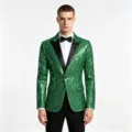Green sequin suit jacket detail view featuring black satin lapels and elegant party style. - S / Green