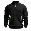 Men's half-zip tactical stand collar sweatshirt with multi-pockets and neon green accents. - Black