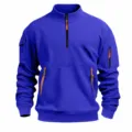 Detailed view of blue men mock neck half zip sweatshirt with multiple pockets design. - Sapphire Blue