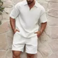 Men's white waffle knit polo shirt and shorts set casual summer sportswear outfit - S / Top And Bottom / White