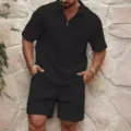 Men's casual black waffle knit short sleeve polo shirt and matching shorts summer outfit set. - S / Top And Bottom / Black