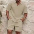 Men's Summer Waffle Knit Polo Shirt and Shorts Casual Two Piece Outfit Solid Color - S / Top And Bottom / Khaki