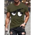 T-shirt homme imprimé visage rigolo dessin animé 3D col rond streetwear décontracté - S / Hauts / Vert olive