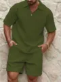 Men summer waffle short sleeve polo shirt and shorts set casual military green outfit. - S / Top And Bottom / Army Green