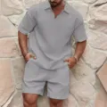 Men's gray waffle knit short sleeve polo shirt and shorts casual summer two piece set. - Gray