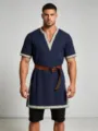 Men's Medieval Knight Tunic Renaissance Costume Short Sleeve Embroidered LARP Top - S / Tops / Blue