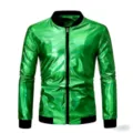 Vista detallada de la chaqueta bomber verde metalizada brillante para hombre con cuello negro. - S / Verde