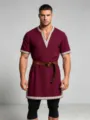 Men's medieval knight tunic with embroidery trim and leather belt for renaissance costume. - S / Tops / Red