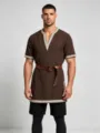 Men's medieval Renaissance brown tunic featuring embroidered details and a leather belt. - S / Tops / Brown