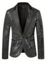 Men's Black Sequin Blazer Sparkly Diamond Grid Suit Jacket Party Prom Tuxedo Coat - XS / Silver