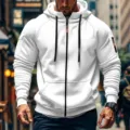 Men's white zip-up hooded sweatshirt with drawstring casual sportswear jacket detail view. - M / Tops / White