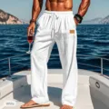 Men's white casual beach trousers, comfortable cotton linen drawstring straight-leg pants. - S / White
