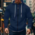 Men's casual zip-up hooded sweatshirt with white drawstrings and pocket design! - Navy Blue