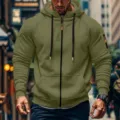 Men's army green hooded zip sweatshirt casual sports jacket with pockets for daily wear. - S / Army Green