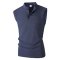 Men's ribbed knit sleeveless polo tank top in dark blue, slim fit casual fitness activewear. - S / Tops / Navy Blue