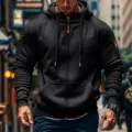 Men's black zip-up hoodie casual tactical jacket with hood and pockets for spring autumn wear. - M / Tops / Black
