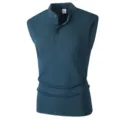 Men's dark blue ribbed knit sleeveless polo vest, casual slim fit summer fitness gym top. - Dark Green