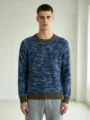 Men's blue marled crewneck knit sweater with olive green ribbed trim long sleeve casual top - M / Tops / Blue