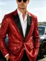 Blazer de lentejuelas rojas para hombre con solapa negra, chaqueta de traje ajustada fiesta. - S / Rojo