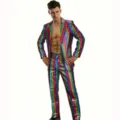 Men shiny rainbow sequin suit disco party stage performance blazer and pants two piece set - S / Colorful