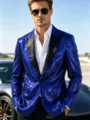 Vista detallada de americana de lentejuelas azul real para hombre con solapa negra. - Azul
