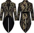 Men Gothic Steampunk Tailcoat Jacket Black Gold Brocade Victorian Vintage Tuxedo Coat - S / Gold