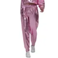 Shiny metallic pink jogger pants and crop top set for women, trendy clubwear and performance outfit. - S / Pink