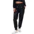 Women's shiny faux leather track pants casual high waist joggers with elastic cuffs. - S / Black