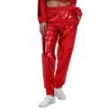 Shiny metallic red track pants for women, casual elastic waist cuffed long trousers. - S / Red