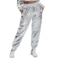 Zilveren metallics casual broek met elastische taille en boorden voor damesmode. - Zilver