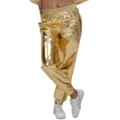 Gouden metallic broek voor dames, glanzende casual broek met elastische taille en boorden. - Goud